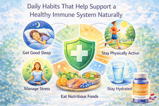 Illustration showing daily habits that support a healthy immune system, including sleep, exercise, healthy nutrition, hydration, and stress management.