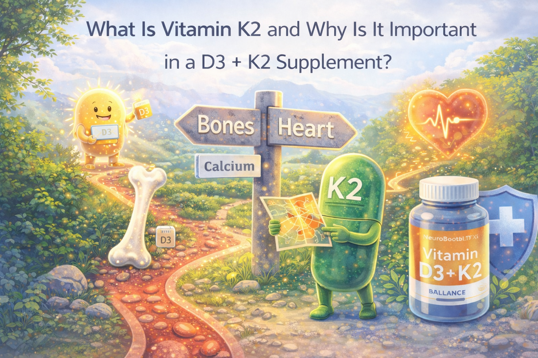 Vitamin K2 and vitamin D3 illustration showing how K2 directs calcium to bones and supports heart health in a D3 + K2 supplement.