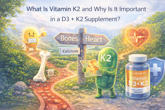 Vitamin K2 and vitamin D3 illustration showing how K2 directs calcium to bones and supports heart health in a D3 + K2 supplement.