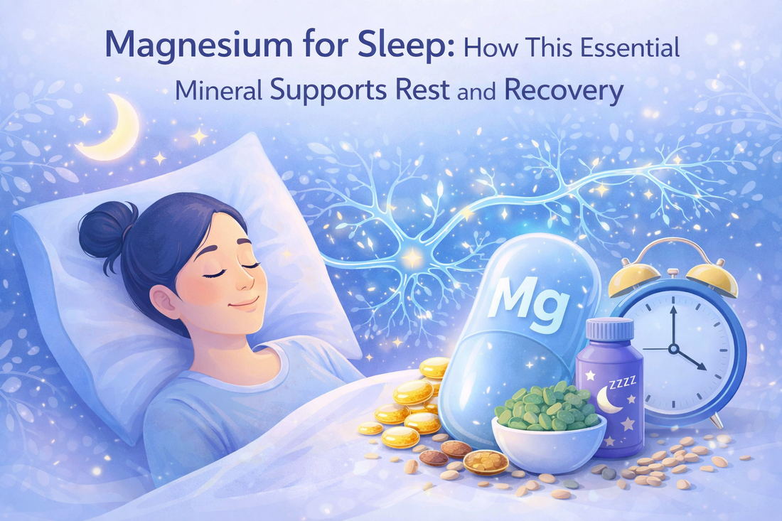 Magnesium for sleep illustration showing person sleeping peacefully with magnesium capsule, moon, and relaxation imagery.