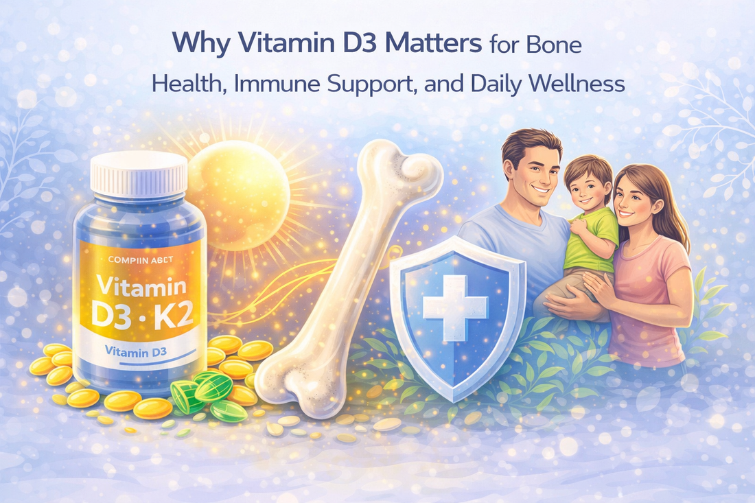 Vitamin D3 benefits illustration showing vitamin D3 supporting bone health, immune support, and daily wellness through sunlight and supplementation.