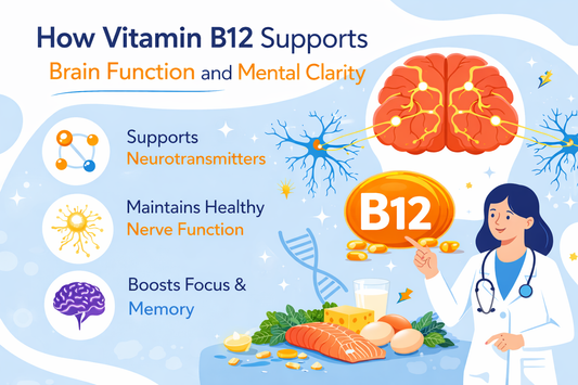 Vitamin B12 illustration showing brain health, nerve function, and mental clarity with doctor and B12-rich foods.