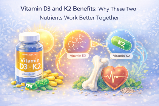 Vitamin D3 and K2 benefits illustration showing how vitamin D3 supports calcium absorption while vitamin K2 directs calcium to bones for heart and bone health.