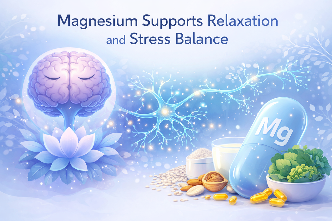 Magnesium supporting relaxation and stress balance with illustration of calm brain, nerves, and magnesium-rich foods.