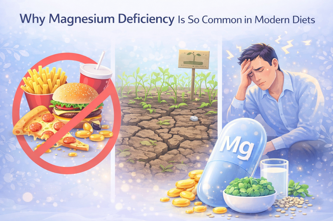 Magnesium deficiency in modern diets illustration showing processed foods, soil depletion, stress, and magnesium rich foods with magnesium supplement.