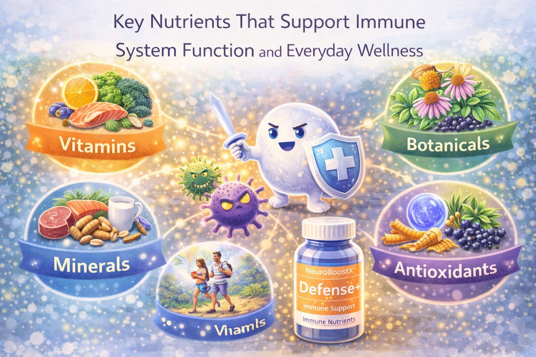 Illustration showing key nutrients that support immune system function, including vitamins, minerals, antioxidants, and botanicals that help maintain everyday wellness.