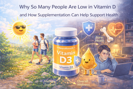 Illustration explaining why many people are low in vitamin D, showing limited sun exposure and how vitamin D3 supplementation supports bone health, immunity, and daily wellness.