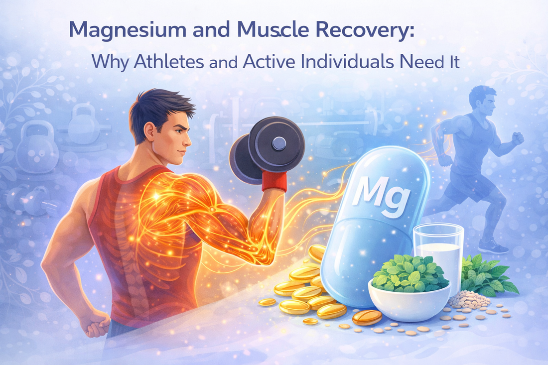 Magnesium supporting muscle recovery and athletic performance with athlete training and muscle illustration.