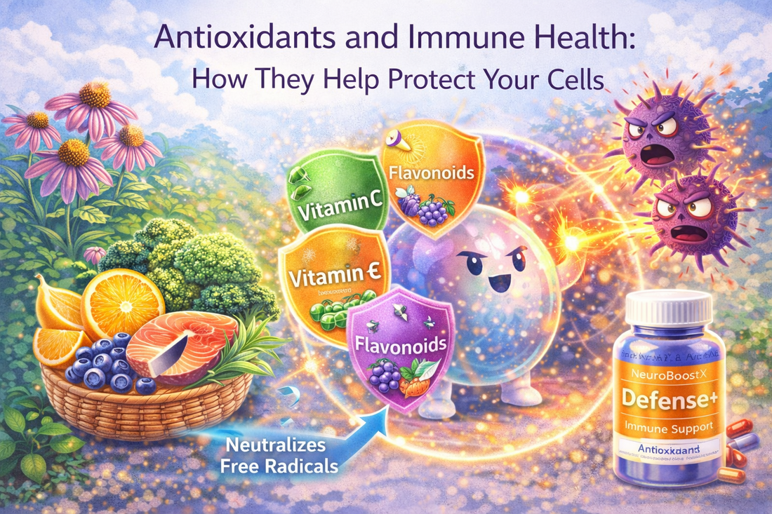 Illustration showing how antioxidants like vitamin C, vitamin E, and flavonoids help protect cells from free radicals and support immune system health.
