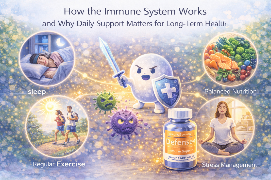 Illustration showing how the immune system works with healthy lifestyle habits like sleep, balanced nutrition, exercise, and stress management supporting immune health.