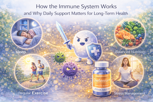 Illustration showing how the immune system works with healthy lifestyle habits like sleep, balanced nutrition, exercise, and stress management supporting immune health.