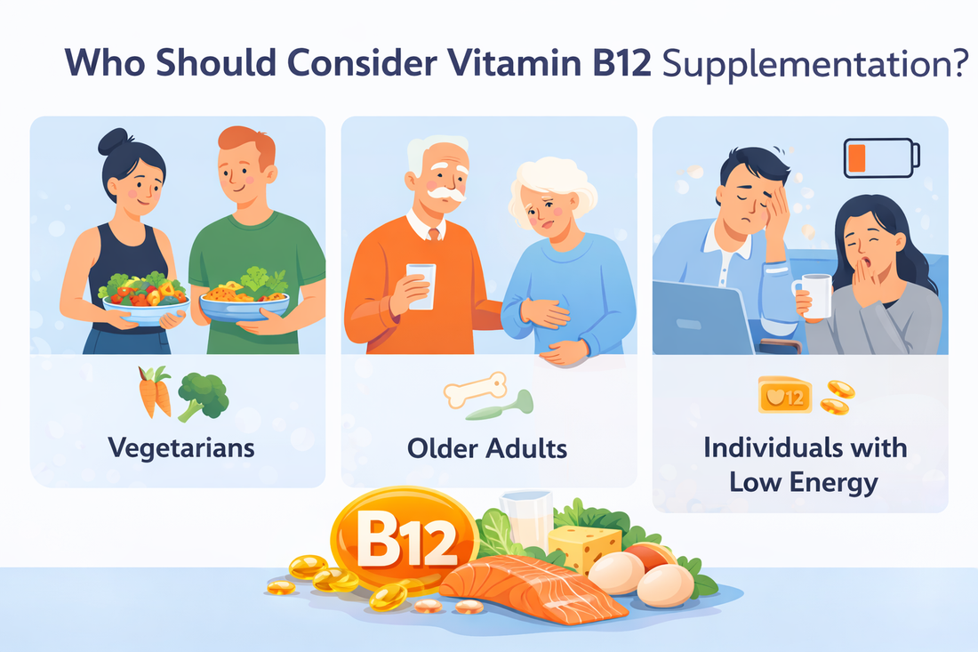 People who may benefit from vitamin B12 supplementation including vegetarians, older adults, and individuals with low energy.