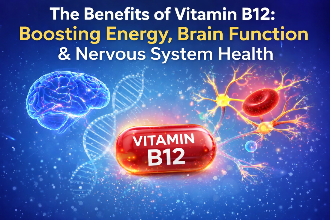 Vitamin B12 benefits illustration showing brain health, energy production, and nervous system support with glowing brain, neurons, and B12 capsule.